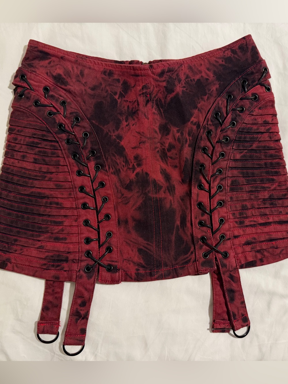 Red Tie-Dye Lace-Up Mini Skirt with Garter Straps
